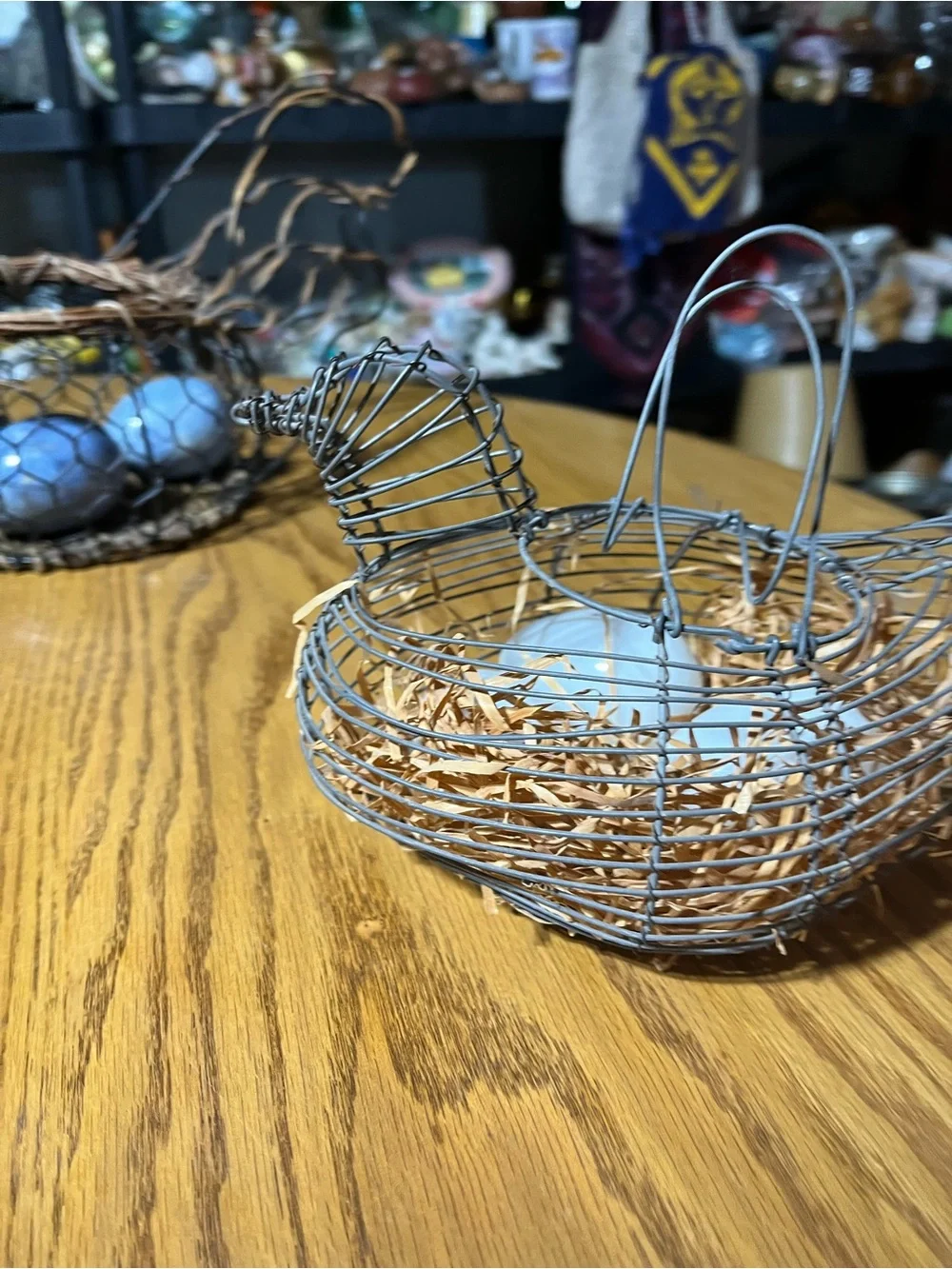 Wire Chicken Basket with Decorative White Glass Handblown Eggs